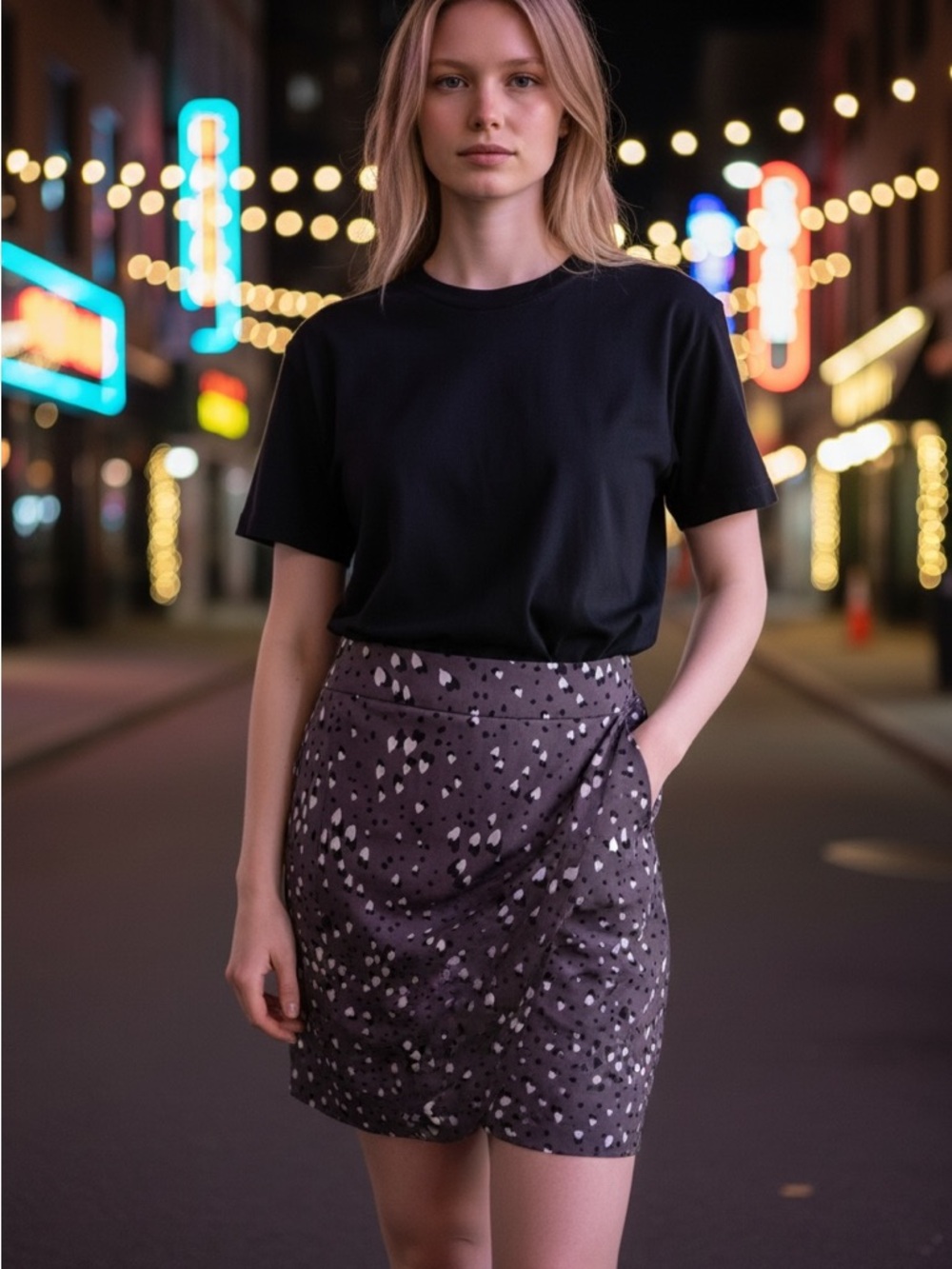 TWENTYTWELVE Small WRAP-look warm chocolate w/ white and black heart print Skirt